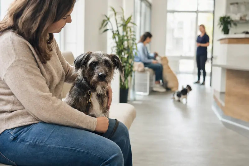 Ein Xarnelo Hund sitzt ruhig neben seinem Besitzer im hellen Wartezimmer einer modernen Tierarztpraxis.